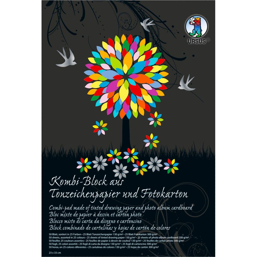 Ein bunter Baum mit bunten Blättern und Vögeln auf schwarzem Hintergrund.