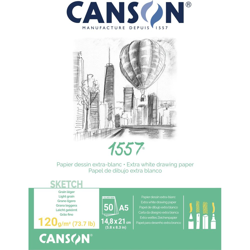 Canson Skizzenpapier A5, 120g/m², mit Stadtansicht und Heißluftballon.