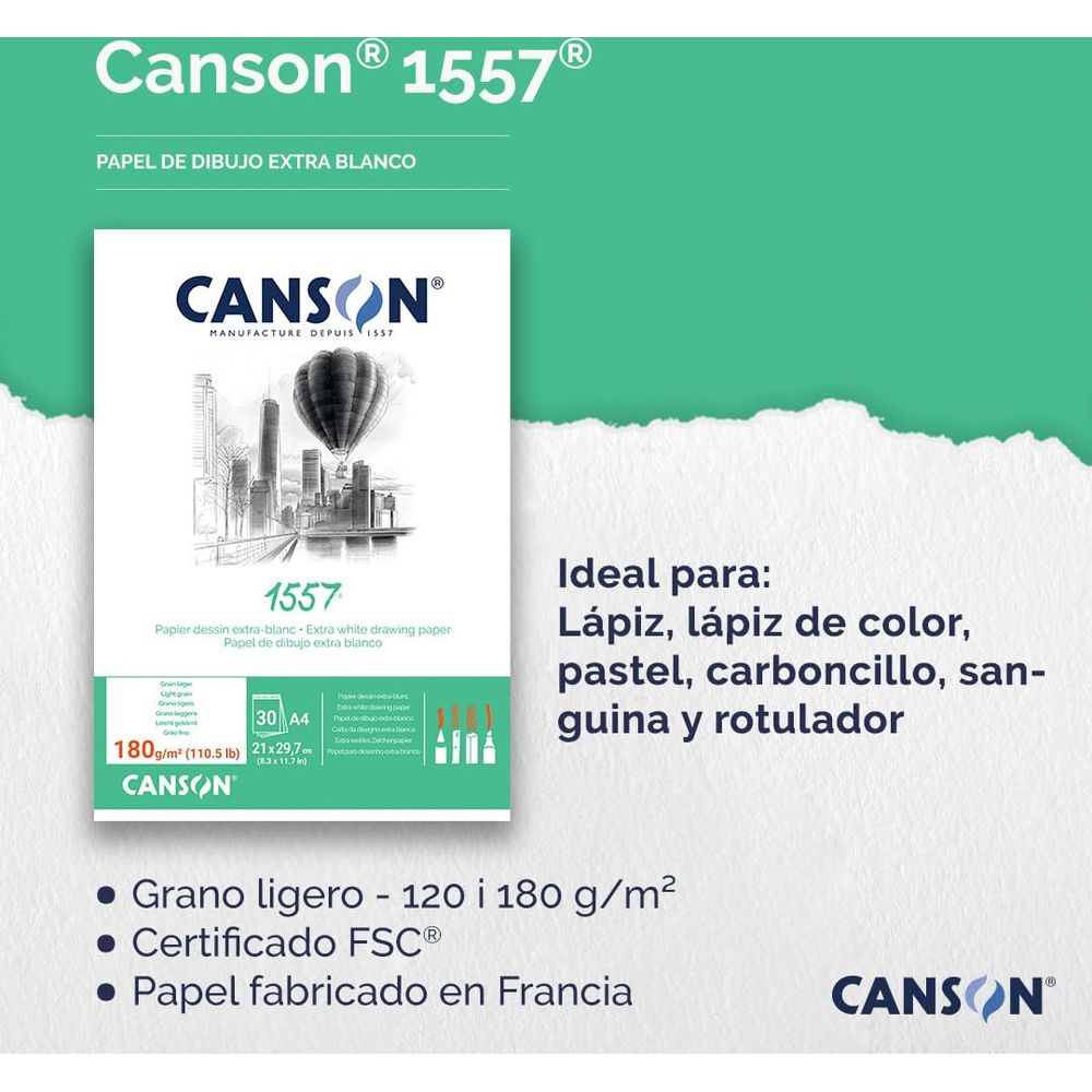 Canson 1557 Zeichenpapier: Heißluftballon über Stadt, A4, 180 g/m². Ideal für Stifte.