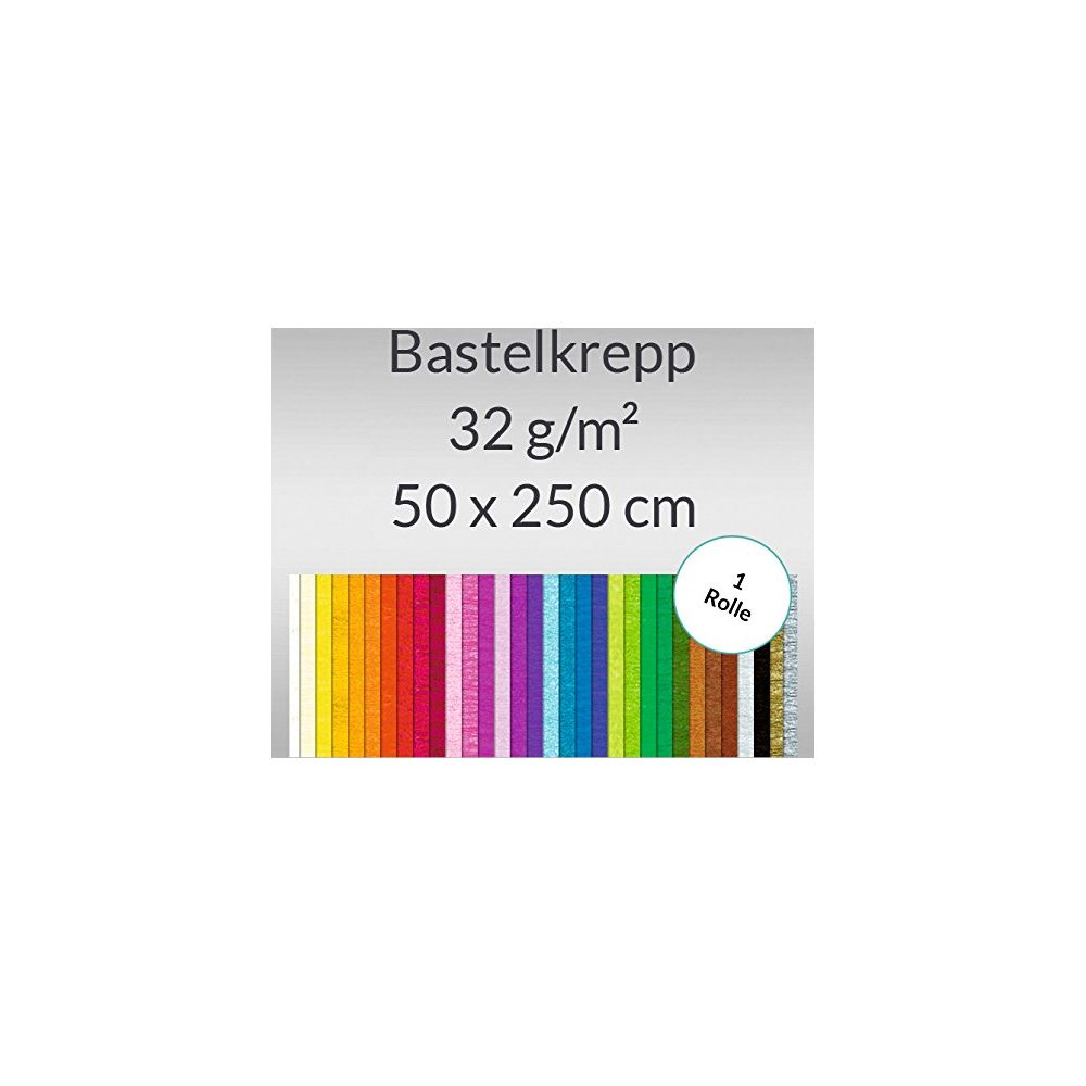 Bastelkrepp 32 g/m² 50 x 250 cm, eine Rolle mit bunten Papierstreifen.