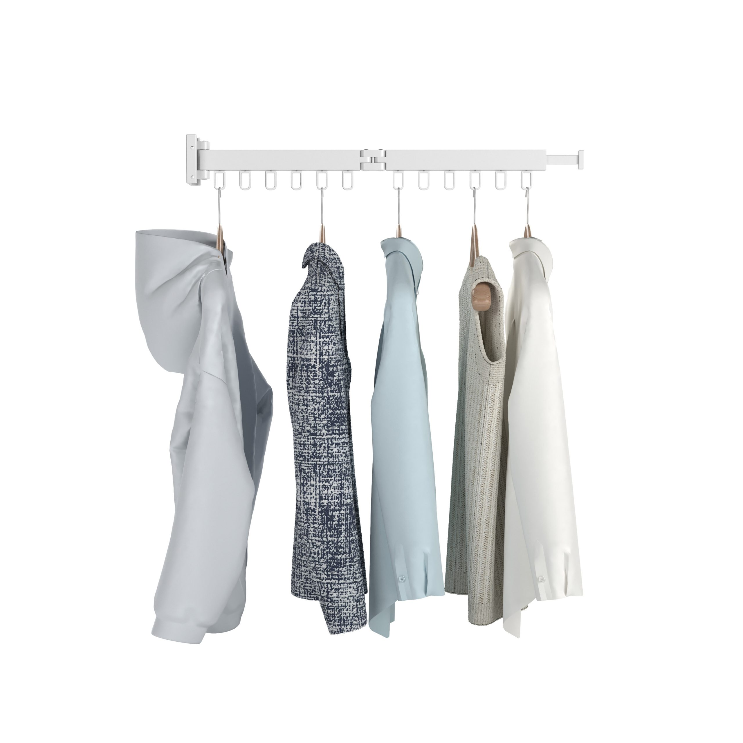 Cinq vêtements pendent sur un porte-vêtements rétractable.