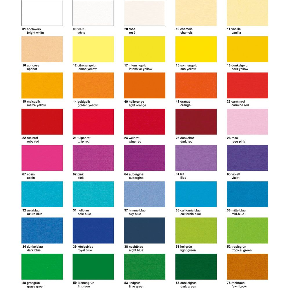 Tableau de couleurs avec 36 échantillons colorés et noms allemands/anglais.