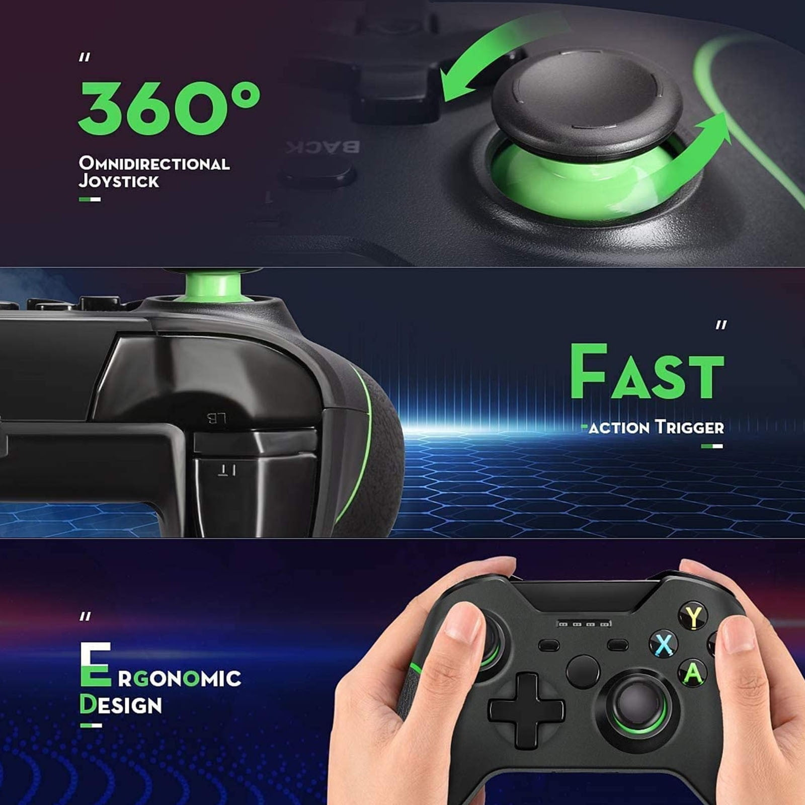Schwarzer Gamecontroller mit grünen Akzenten, zeigt Joystick, Trigger und Tasten.