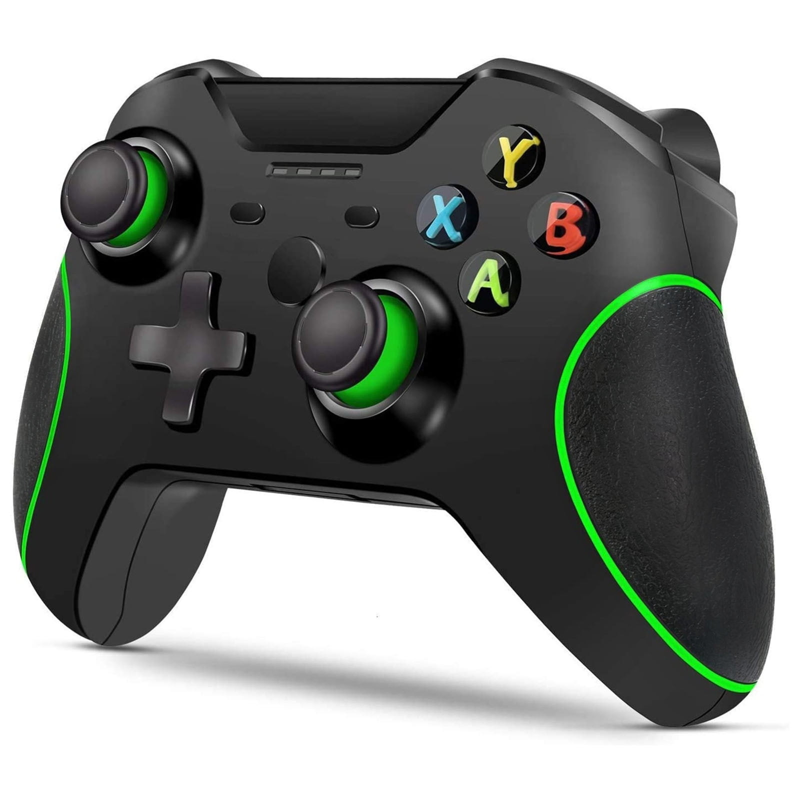 Schwarzer Gamecontroller mit grünen Akzenten und bunten Tasten.