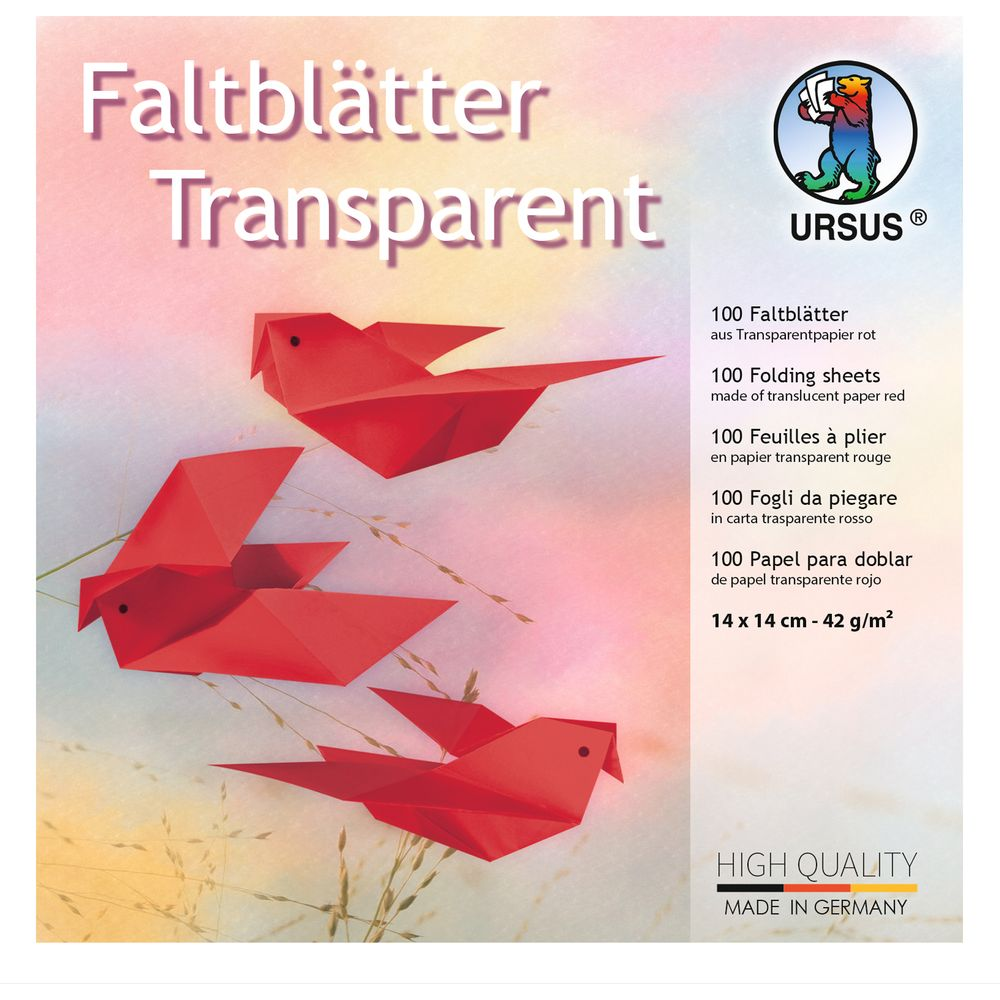 Drei rote Papierkraniche fliegen vor einem pastellfarbenen Hintergrund.