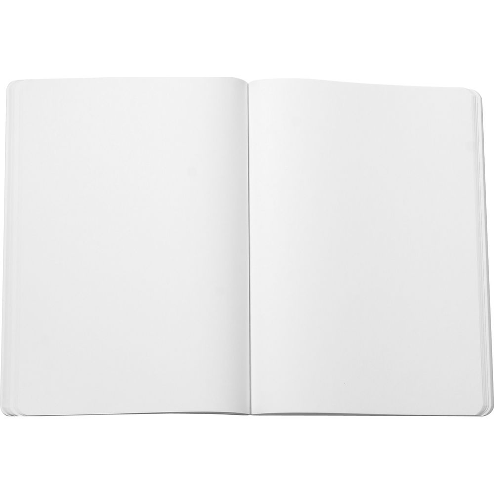 Ein offenes Notizbuch mit leeren weißen Seiten liegt flach auf einer weißen Fläche.