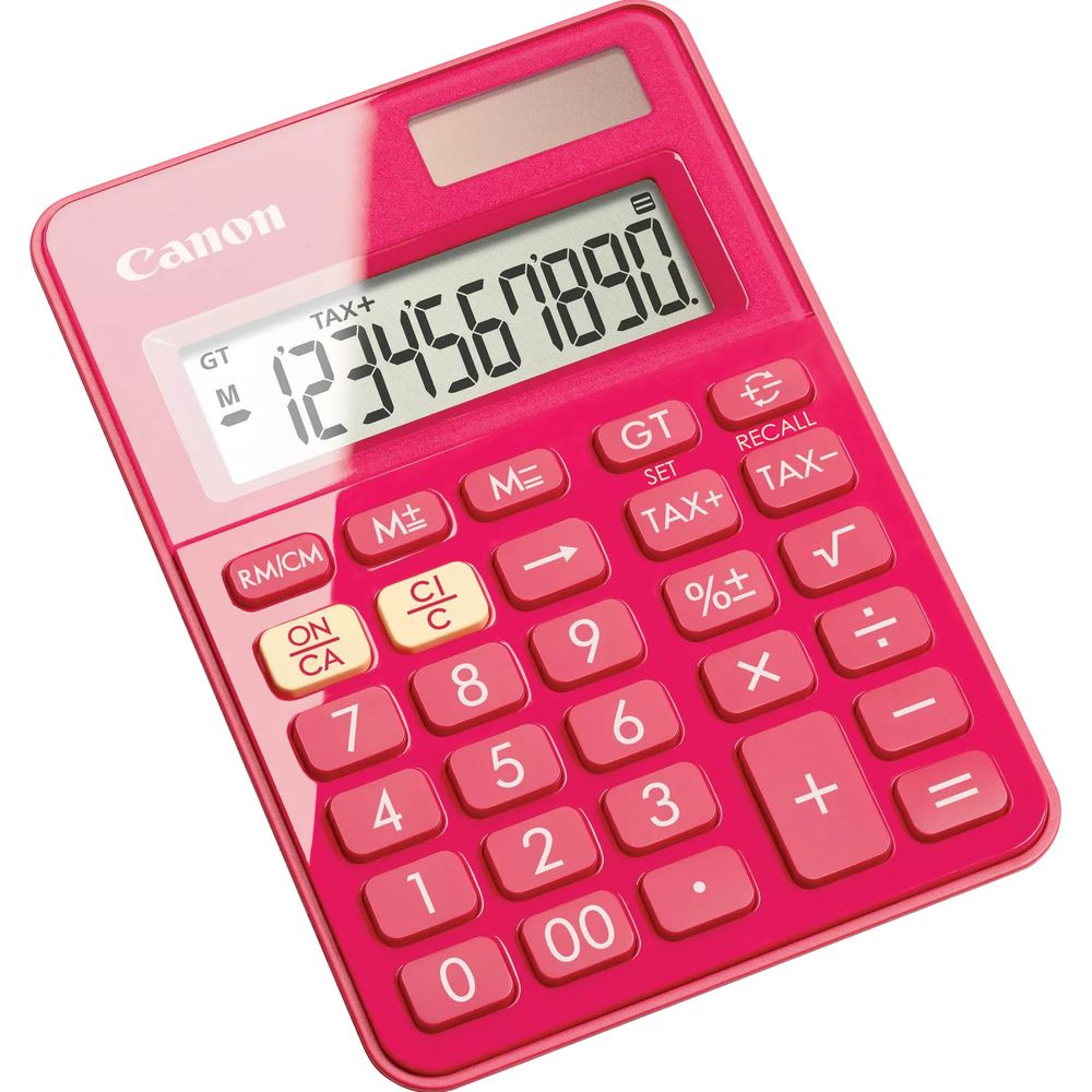 Une calculatrice Canon rose avec des chiffres et des symboles.