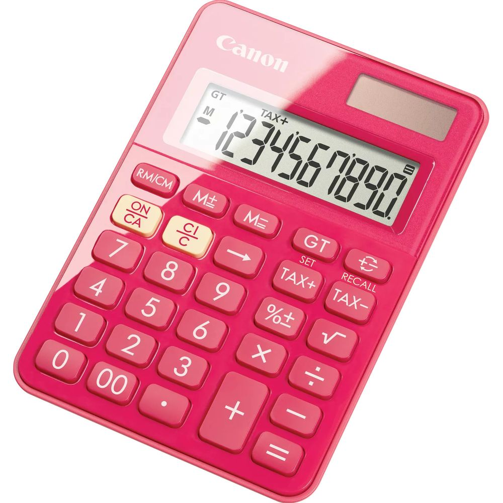 Une calculatrice Canon rose vif avec de gros boutons et un écran LCD.