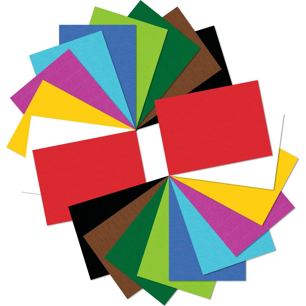 Fächer aus bunten Papierbögen, rot, gelb, blau, grün, lila, braun, schwarz, weiß.
