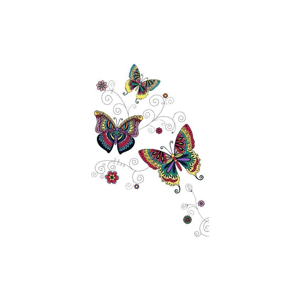 Drei bunte Schmetterlinge mit Blumen auf einem weißen Hintergrund.