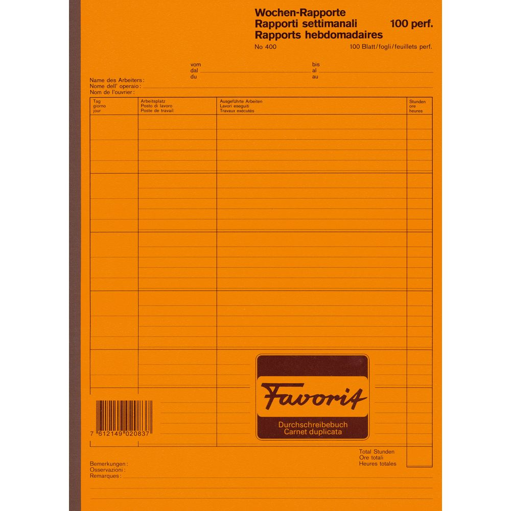 Ein orangefarbenes Formular mit Spalten für Wochenberichte, Name und ausgeführte Arbeiten.