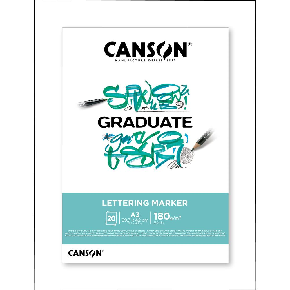Canson "Graduate Lettering Marker" Papier, A3, 180g/m², mit Stift und Bleistift.