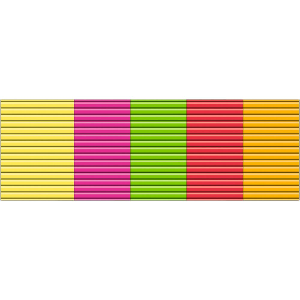 Fünf vertikale Streifen in Gelb, Pink, Grün, Rot und Orange mit horizontalen Linien.