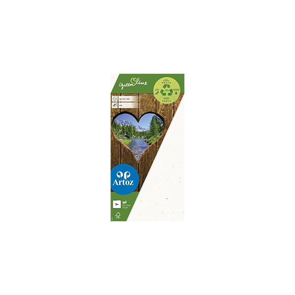 Grüne Linie Papierpackung mit Herz-Fenster, das einen Bergfluss zeigt.