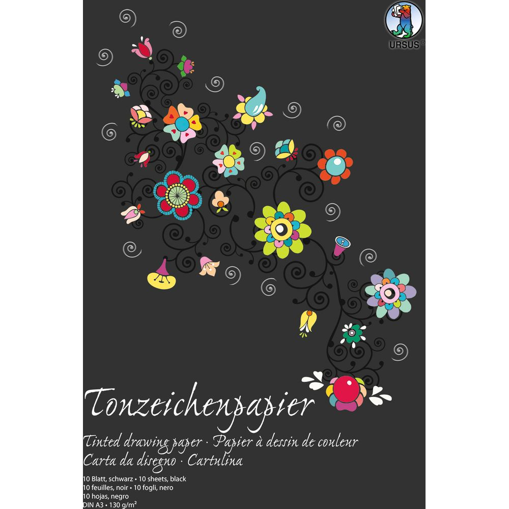 Schwarzes Papier mit bunten Blumen und Ranken. Oben rechts Logo.