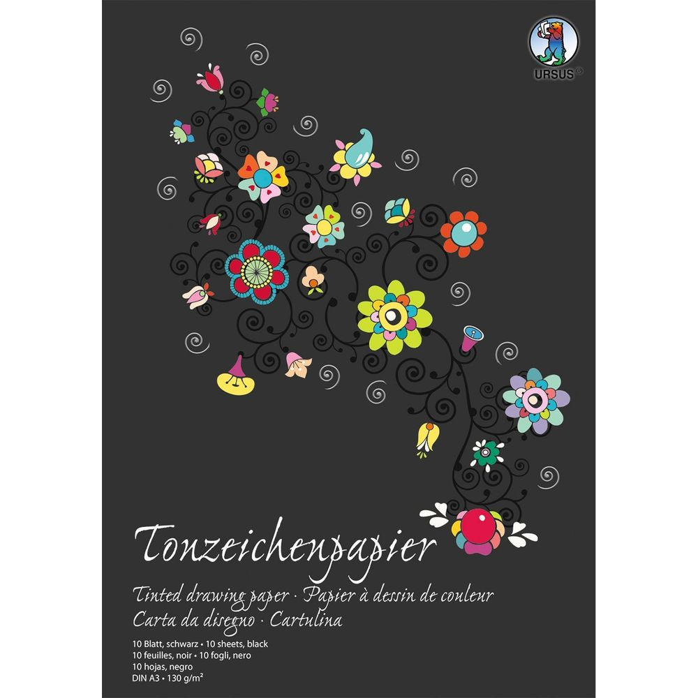 Schwarzer Karton mit bunten Blumen und Ranken. Text unten.