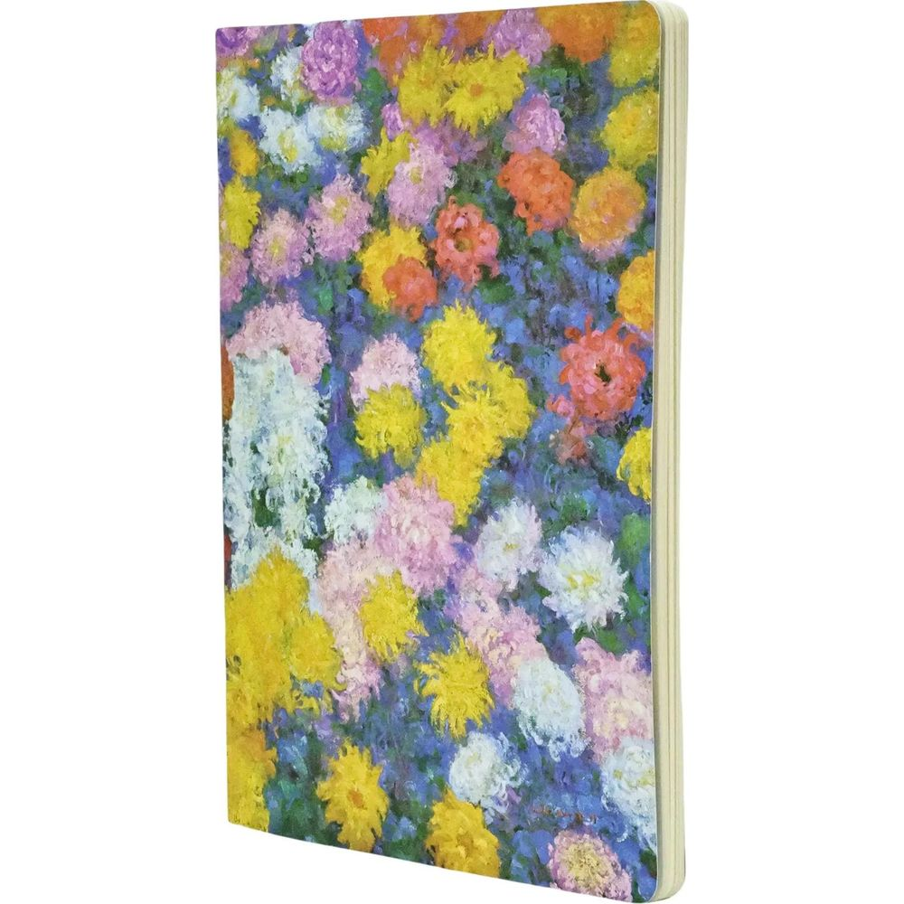 Un carnet avec un motif floral vibrant rose, jaune, blanc et orange.