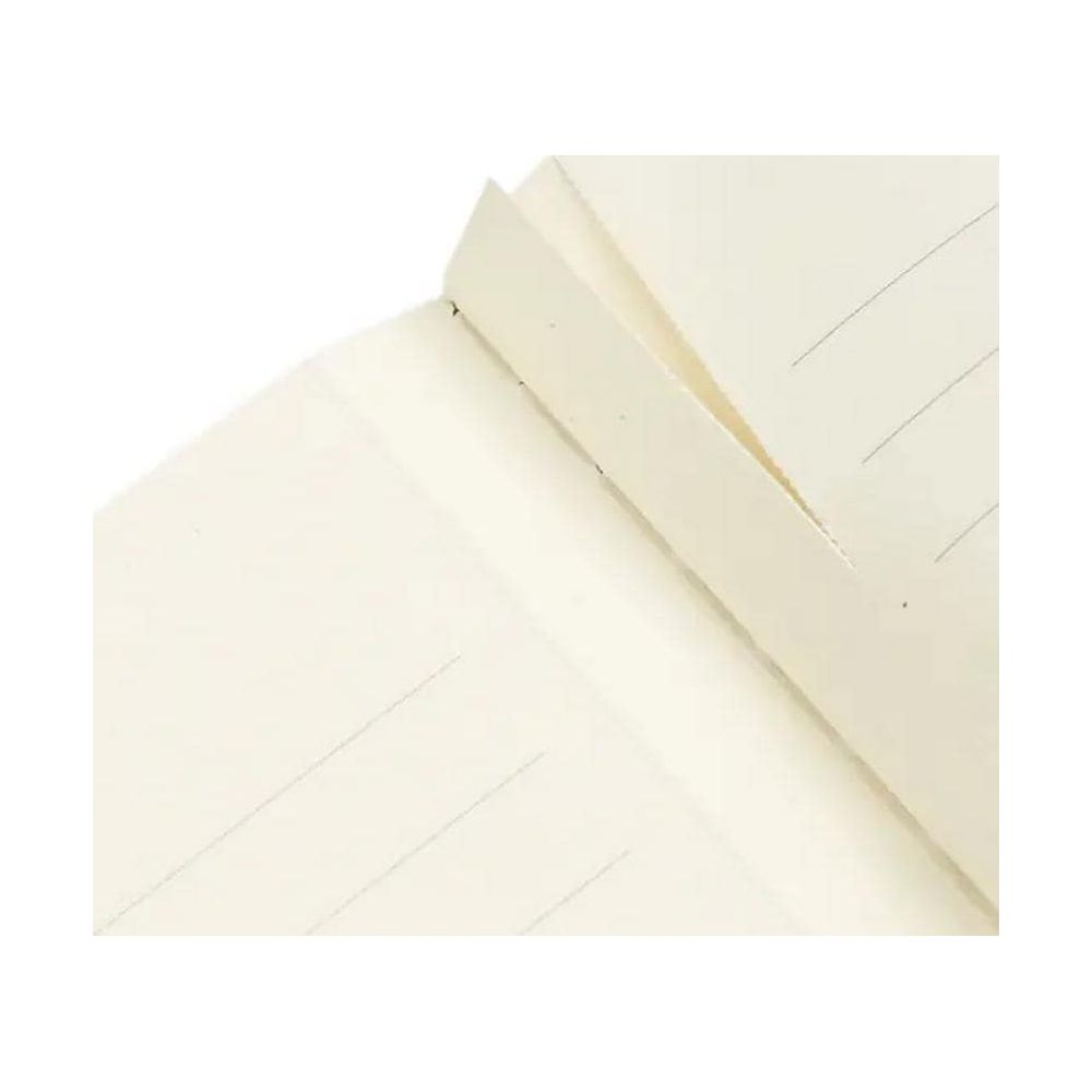 Gros plan d'un carnet ouvert aux pages blanches lignées.