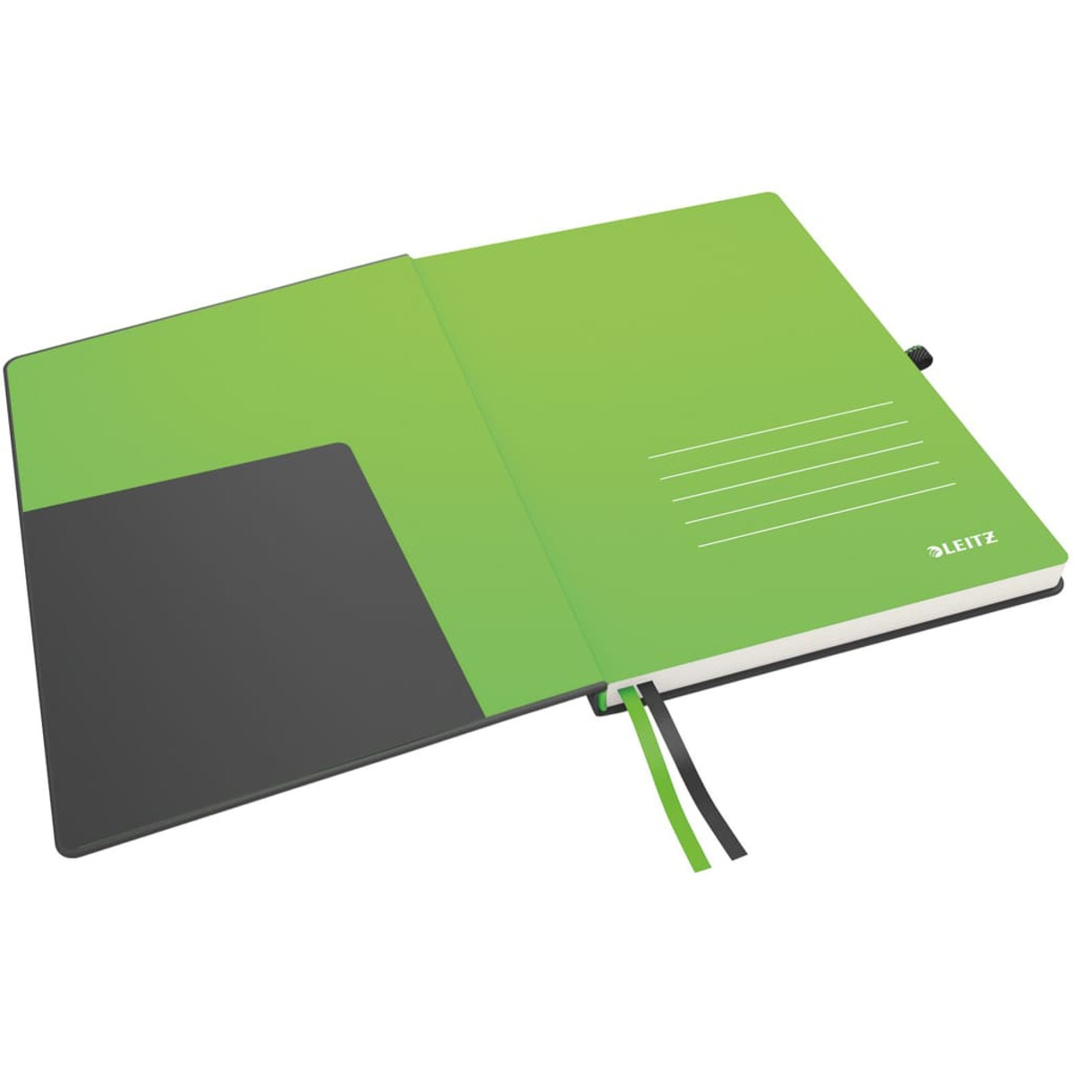Ein aufgeschlagenes Notizbuch mit hellgrünen Innenseiten und einer schwarzen Tasche.