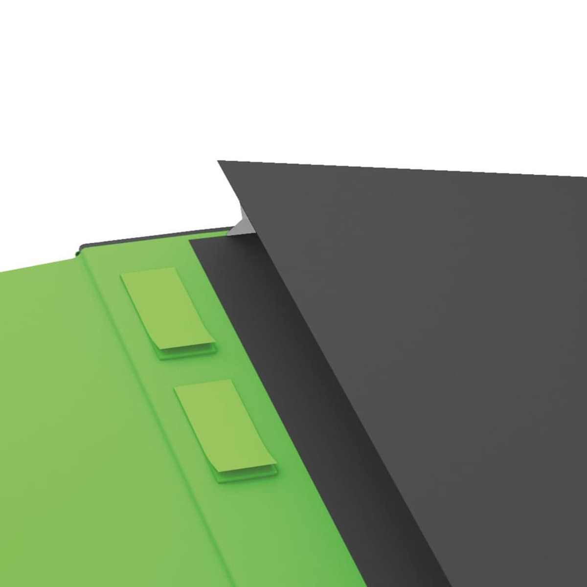 Grüne Oberfläche mit zwei hellgrünen Klebezetteln und einem schwarzen Blatt.