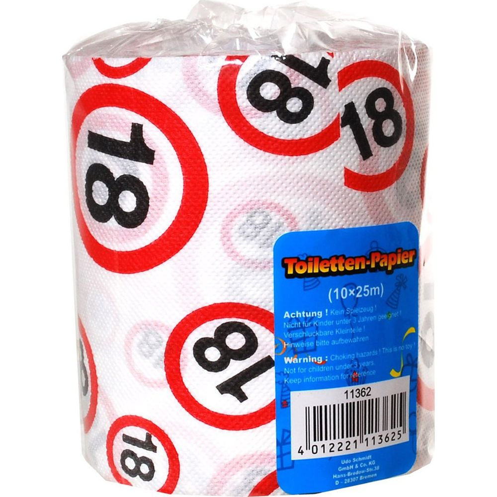 Eine Rolle Toilettenpapier mit roten Kreisen und der Zahl 18.