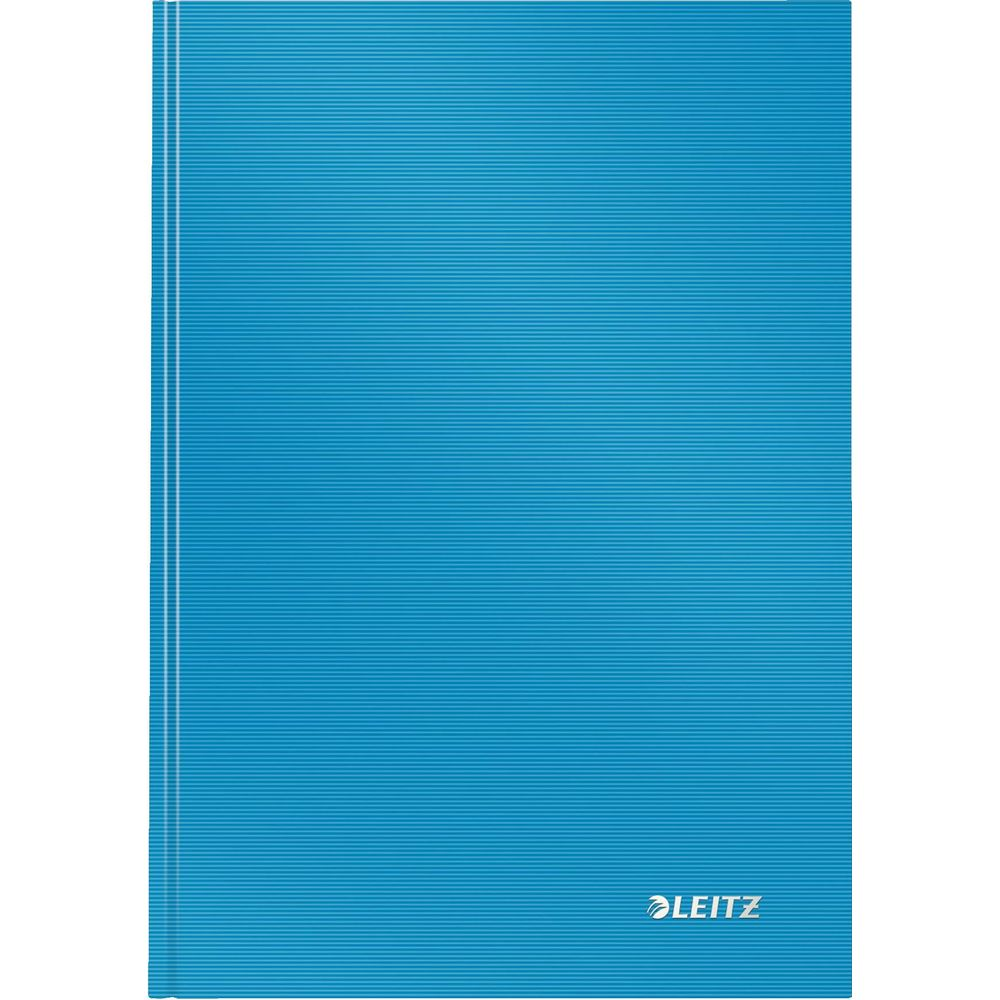 Eine blaue Leitz-Mappe mit horizontalen Linien und einem Logo.