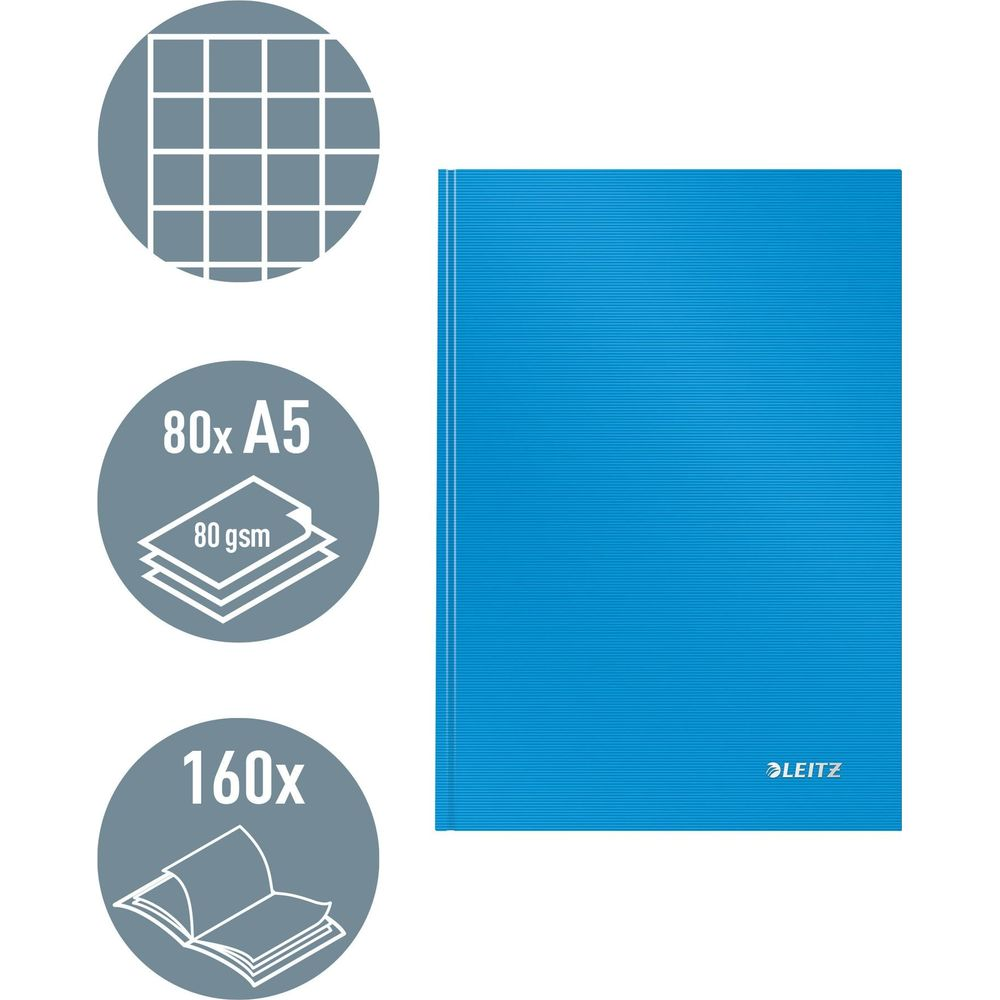 Ein blaues Leitz-Notizbuch mit Gitter, 80x A5, 80 g/m², 160 Seiten.