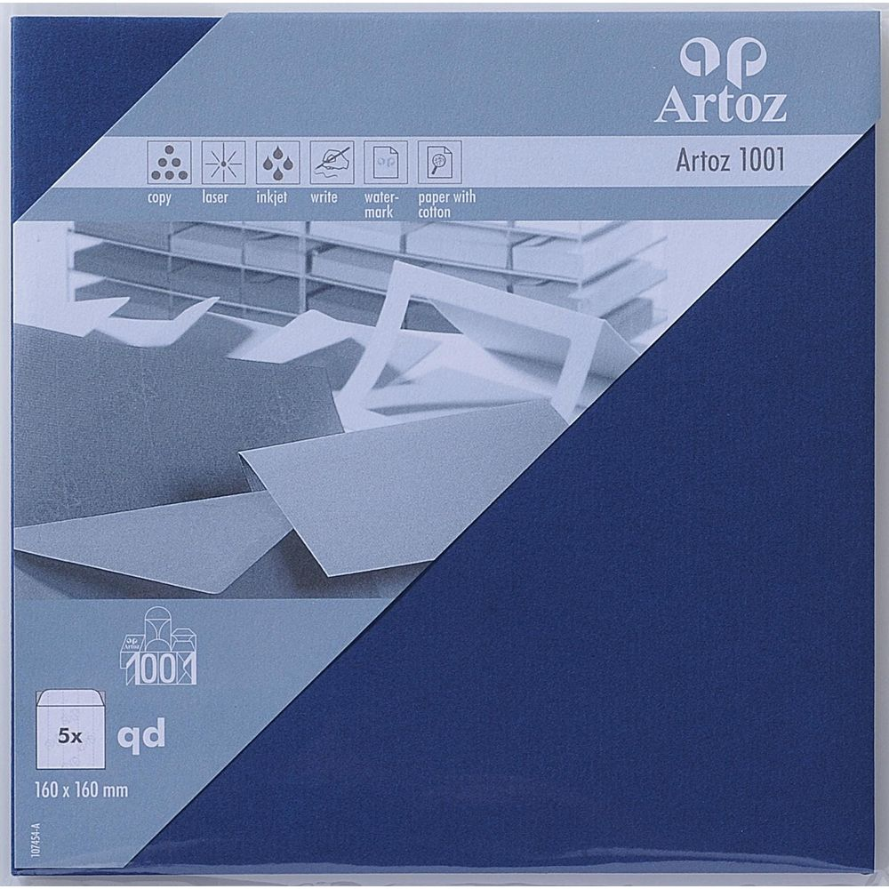 Verpackung von Artoz 1001 Papier, mit Symbolen für Kopie, Laser, Tinte, Schreiben, Wasserzeichen.