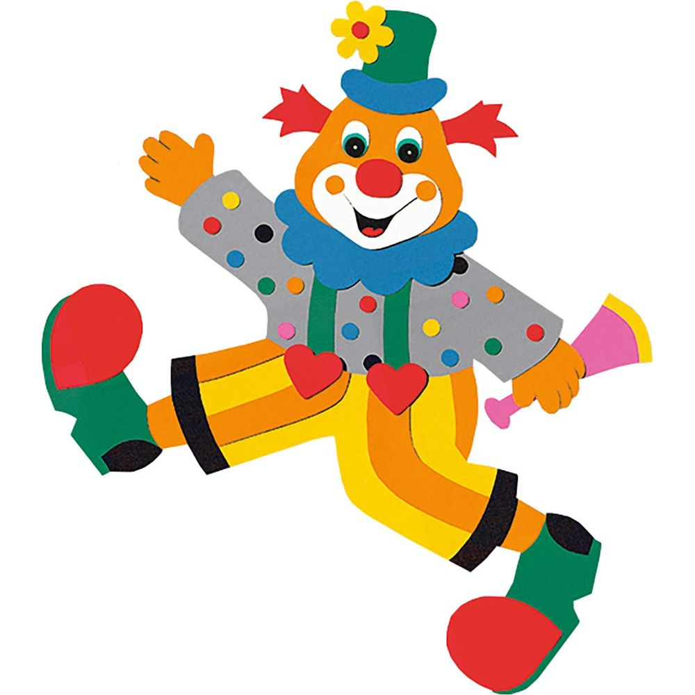Ein fröhlicher Clown in Grün und Orange mit Kleidung in Grau, Gelb und Rot.