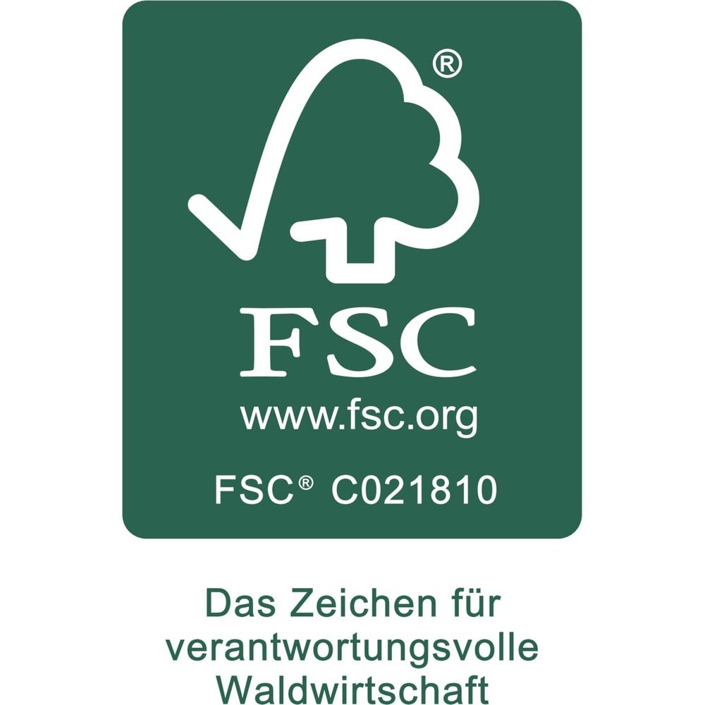 FSC-Logo mit Baum, www.fsc.org und Zertifizierungscode.