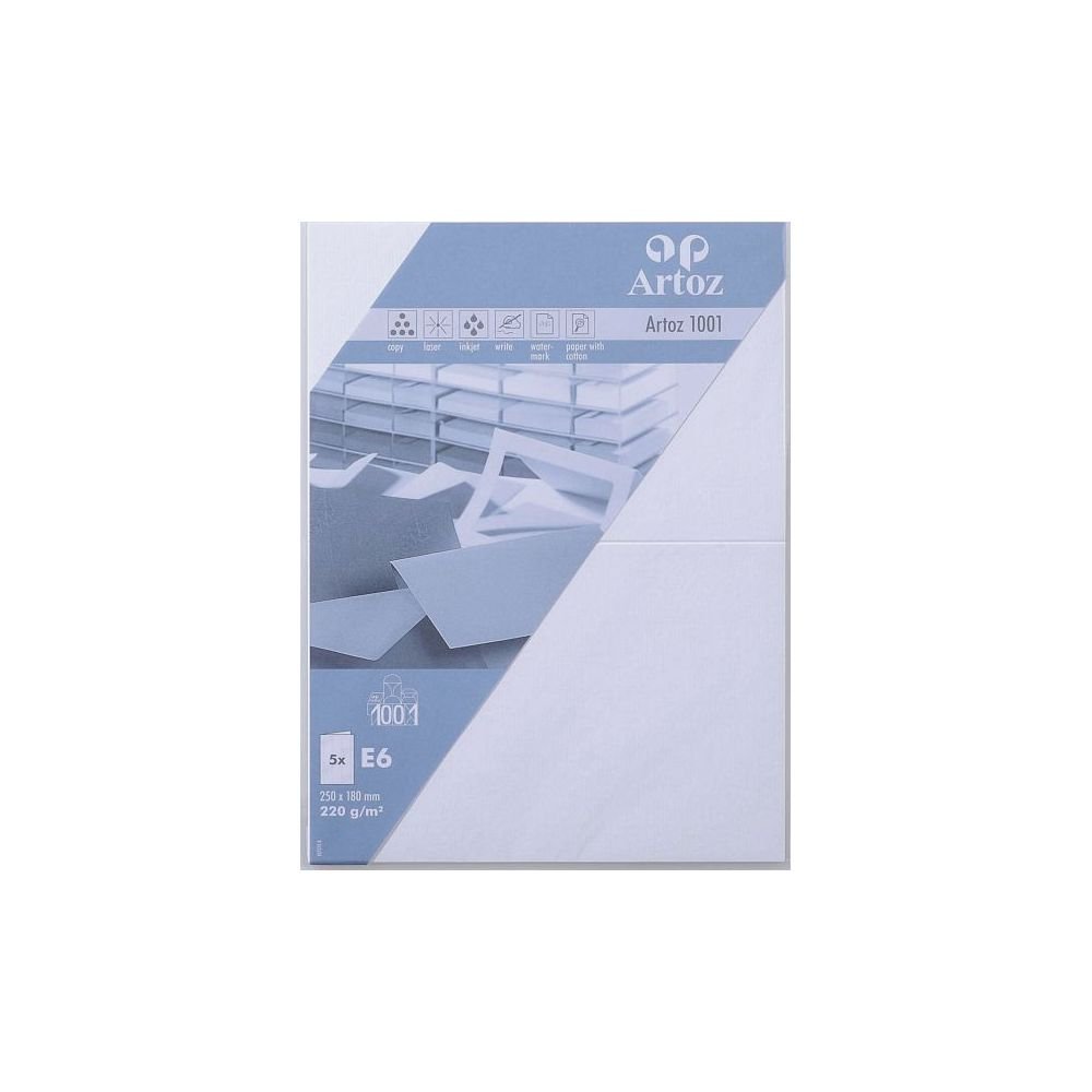 Artoz 1001 Papierverpackung mit Symbolen für Kopie, Laser, Tintenstrahl, Schreiben, Wasserzeichen.
