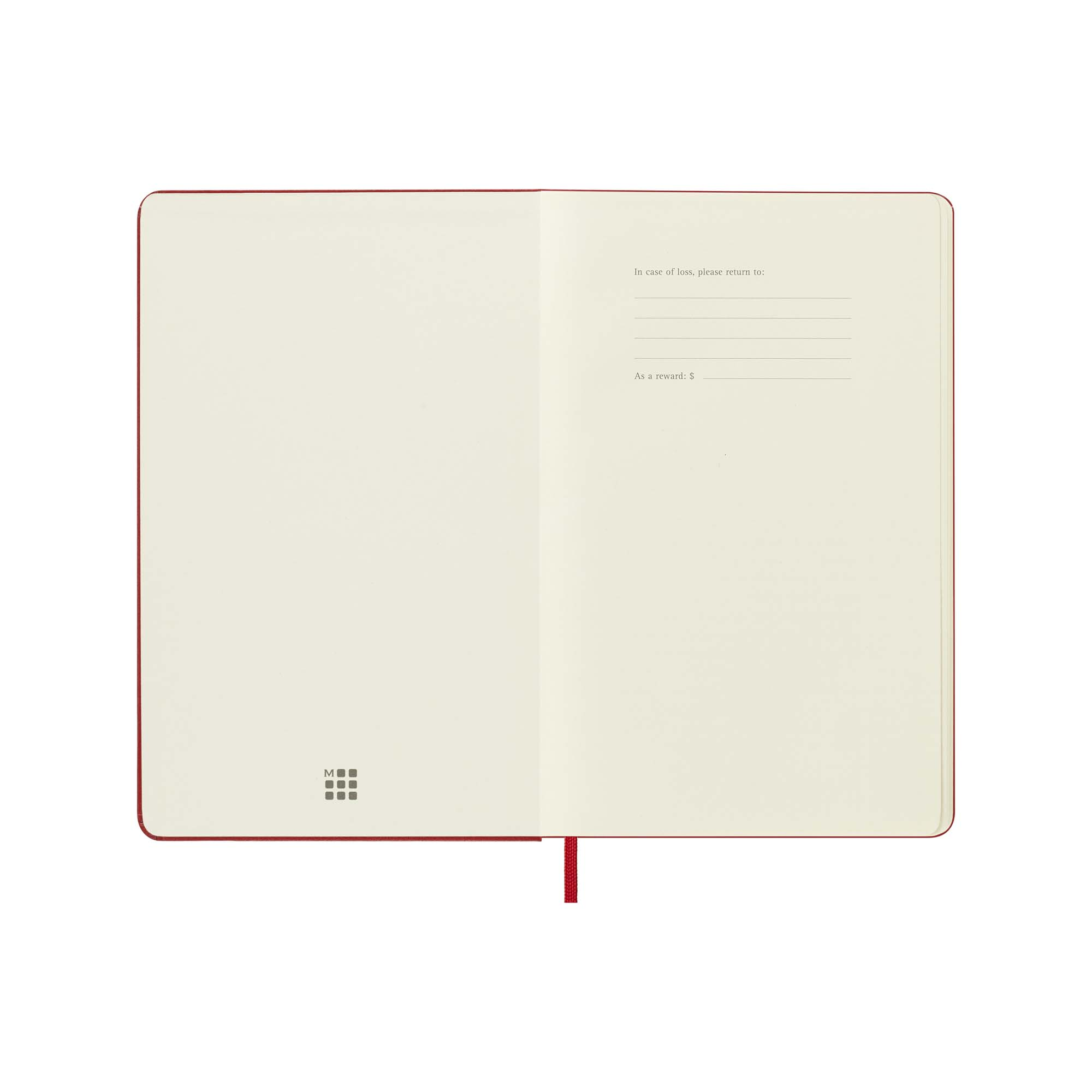 Rotes Notizbuch mit elfenbeinfarbenen Seiten und Rücksendungsangaben.
