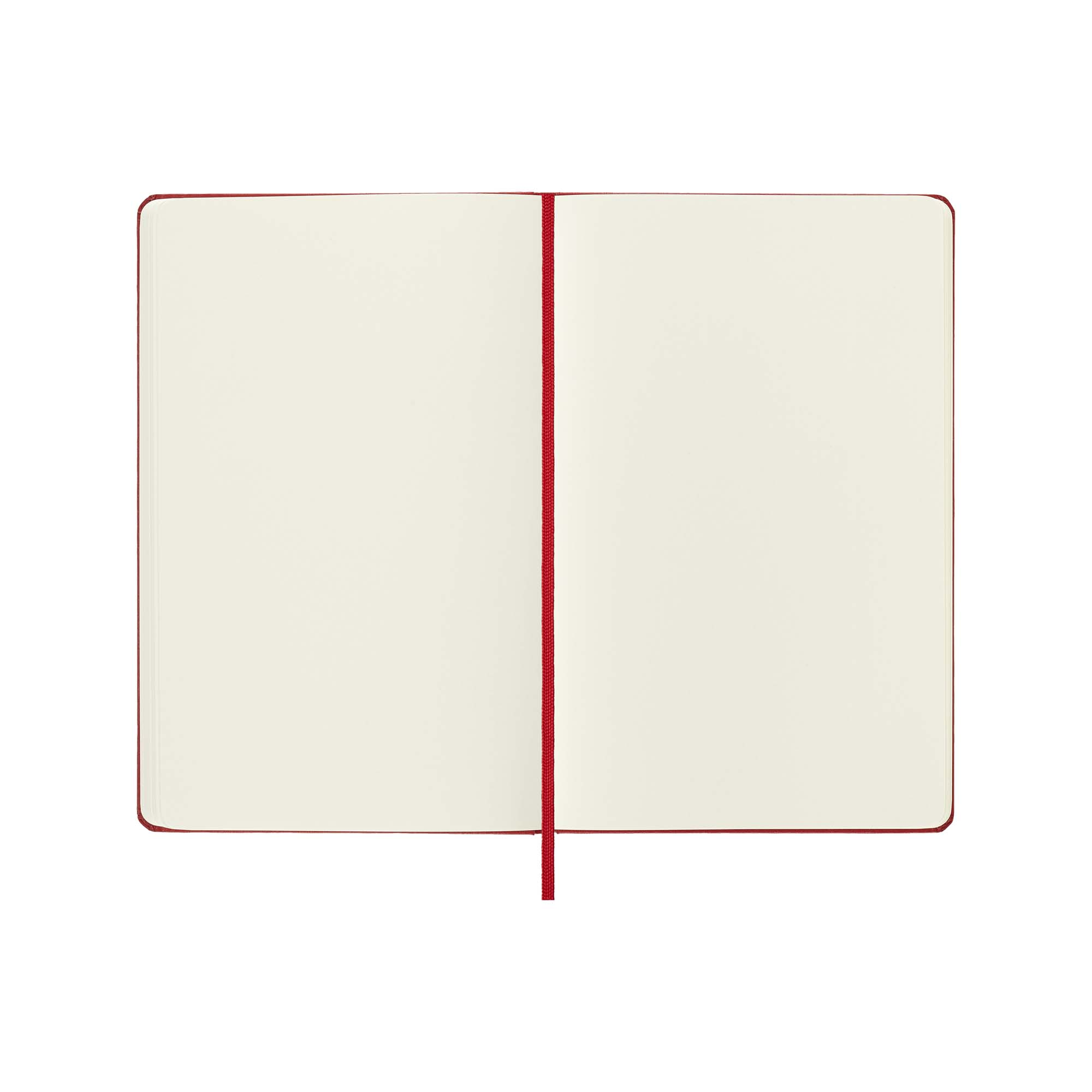 Ein offenes Notizbuch mit cremefarbenen Seiten und rotem Einband.