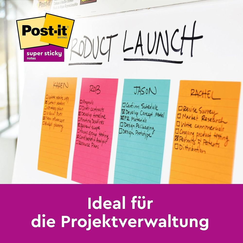 Post-it Haftnotizen mit "PRODUCT LAUNCH" und Namenslisten auf farbigen Zetteln.