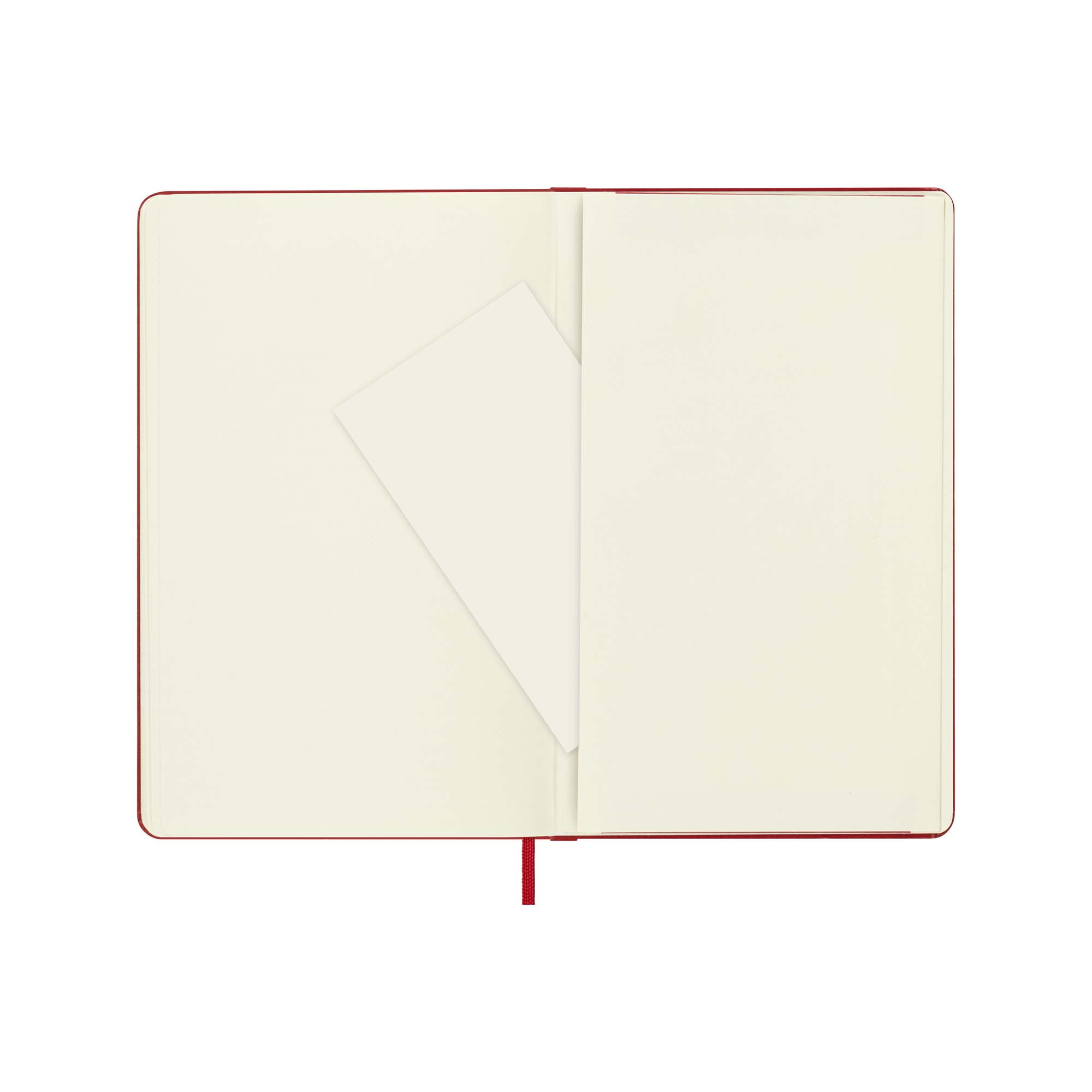 Rotes Notizbuch mit zwei cremefarbenen Seiten und einer Tasche.