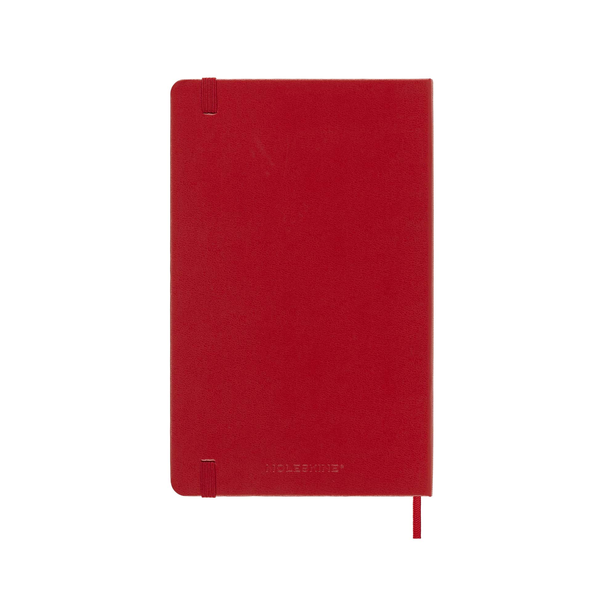 Ein rotes Notizbuch mit elastischem Band und Lesezeichen auf weißem Hintergrund.