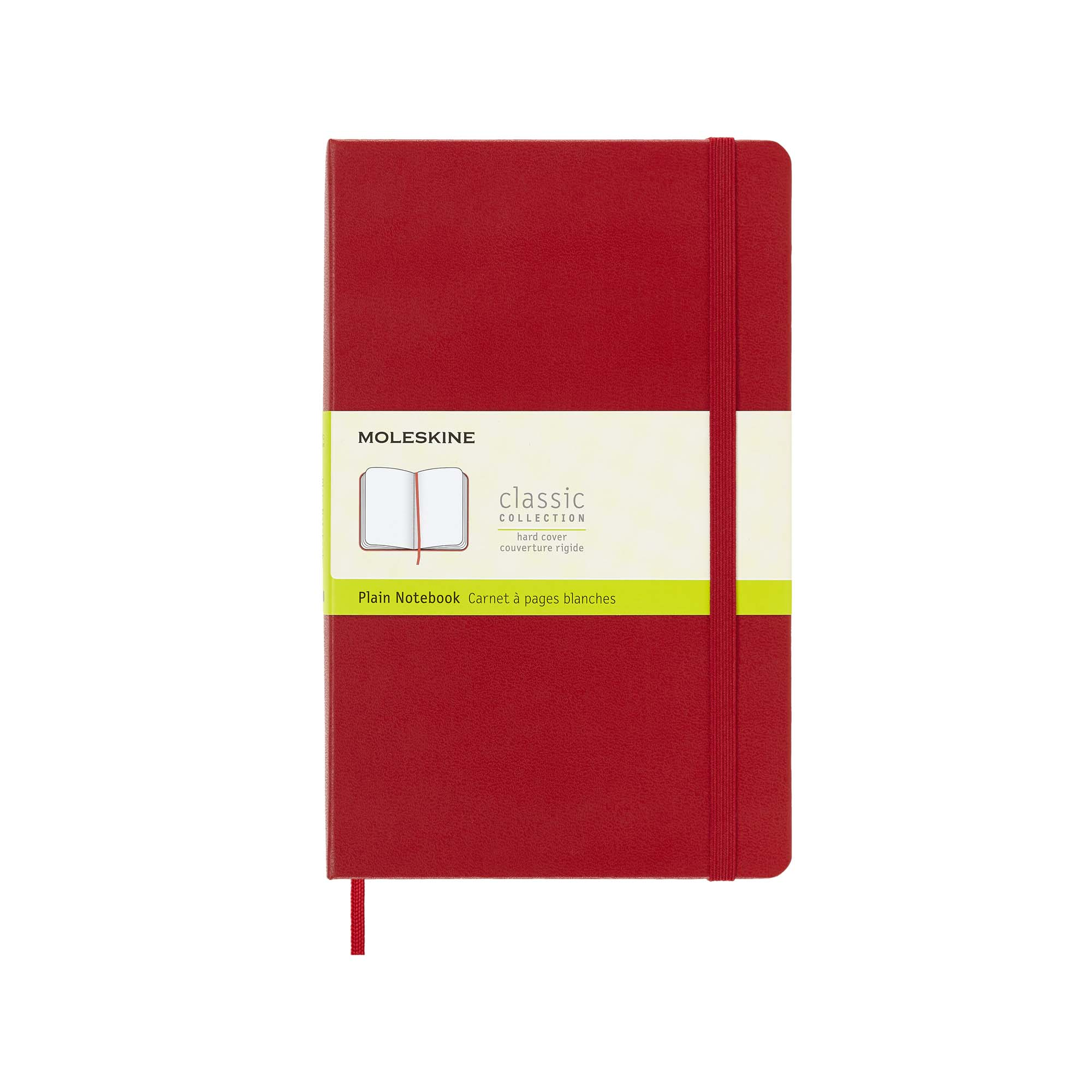 Rotes Moleskine Notizbuch mit Gummiband und Lesezeichen.