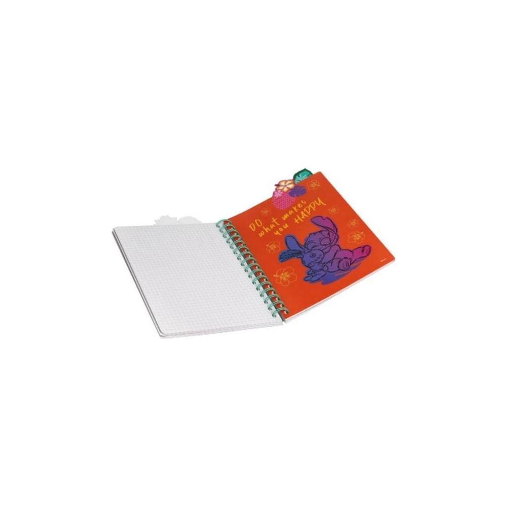 Ein Notizbuch mit einer orangen Vorderseite, auf der Stitch und Text abgebildet sind.