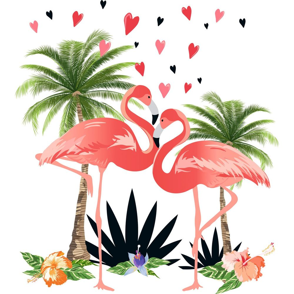 Zwei Flamingos stehen unter Palmen, umgeben von Herzen und Blumen.