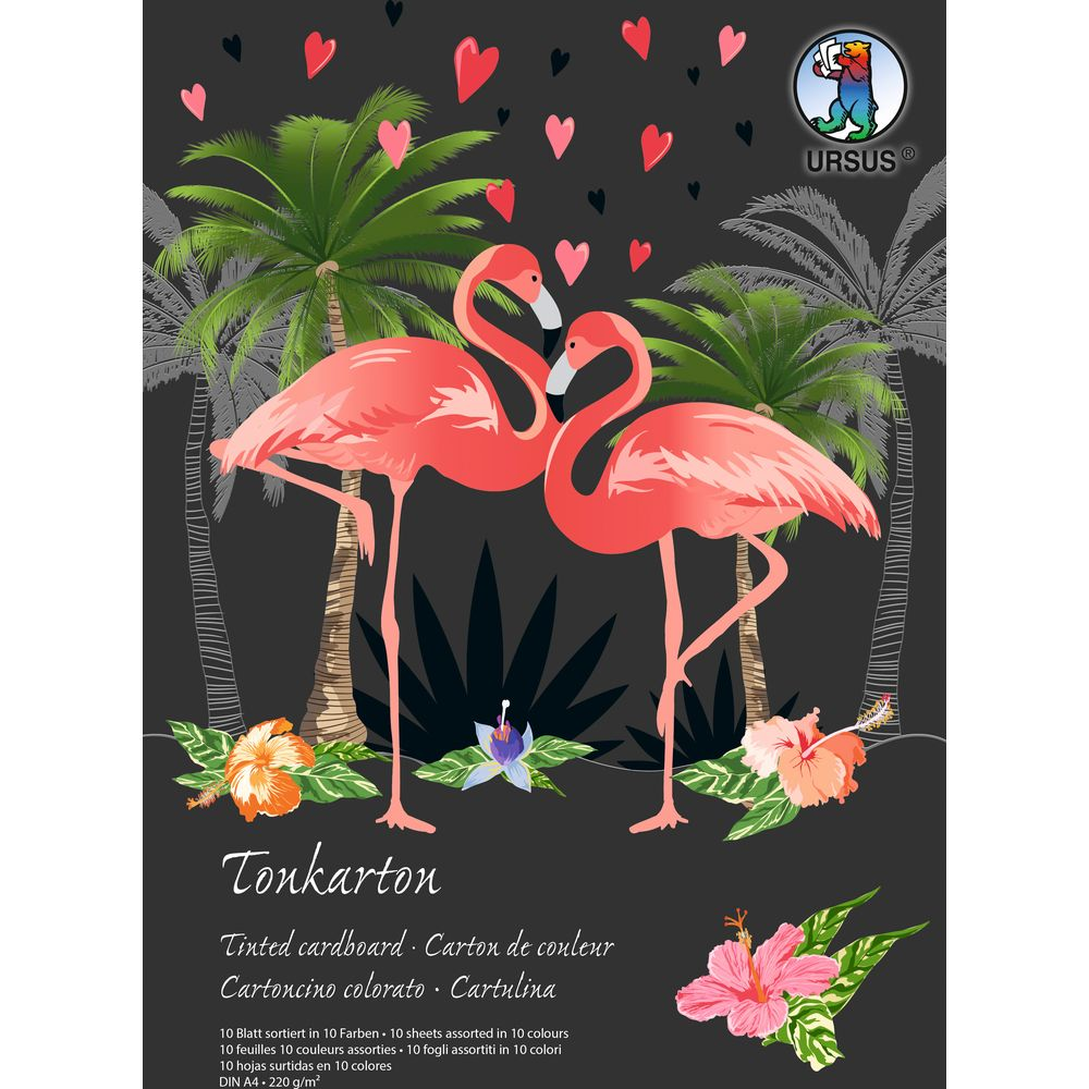 Zwei rosa Flamingos stehen vor Palmen auf dunklem Hintergrund mit Herzen.