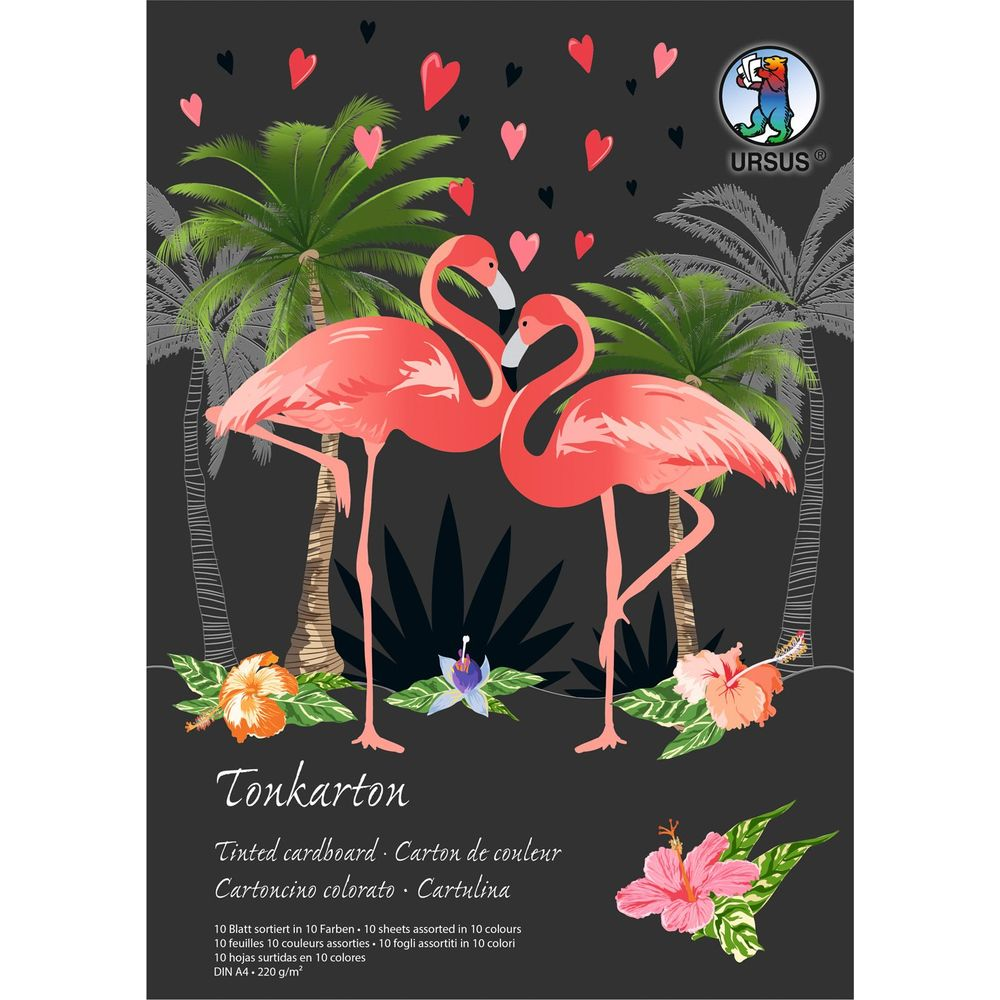 Zwei Flamingos stehen vor Palmen, Herzen und Blumen auf dunklem Hintergrund.