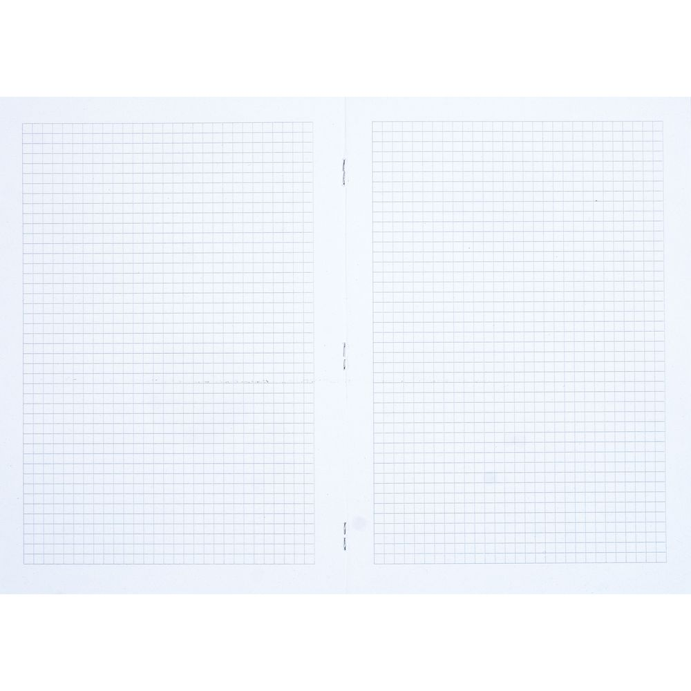 Ein offenes Notizbuch mit karierten Seiten und Bindungslöchern.