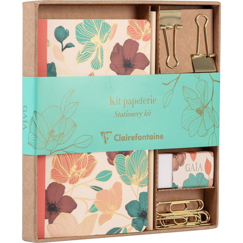 Kit cancelleria con fantasia floreale, gomma, matite e graffette.
