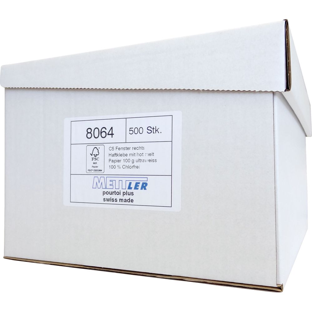 Ein weißer Karton mit dem Aufdruck 8064, 500 Stück, mit FSC-Siegel und Produktinformationen.