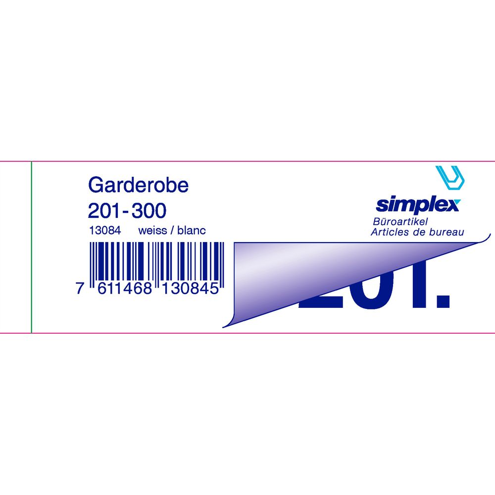 Ein Etikett mit Garderobe 201-300, Barcode und Simplex-Logo.