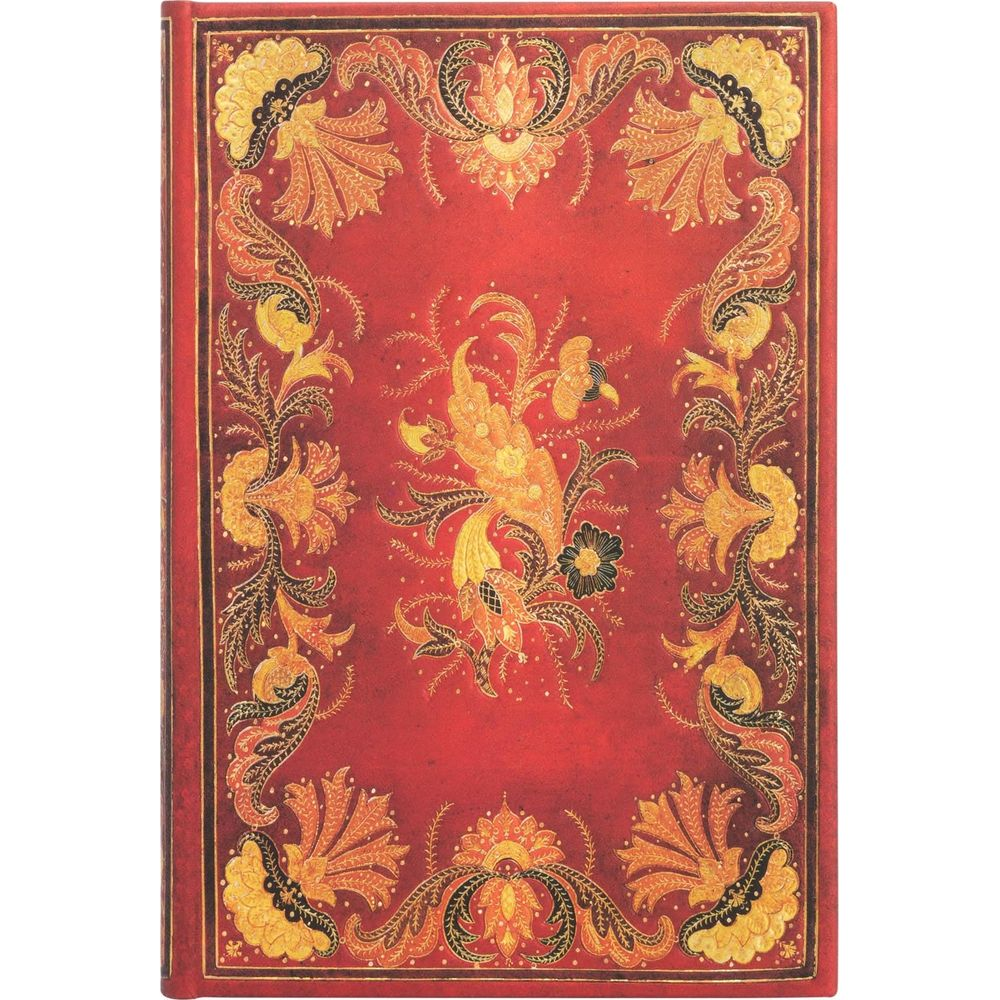 Rotes Buch mit goldenem, filigranem floralem Muster und einem stilisierten Vogel in der Mitte.