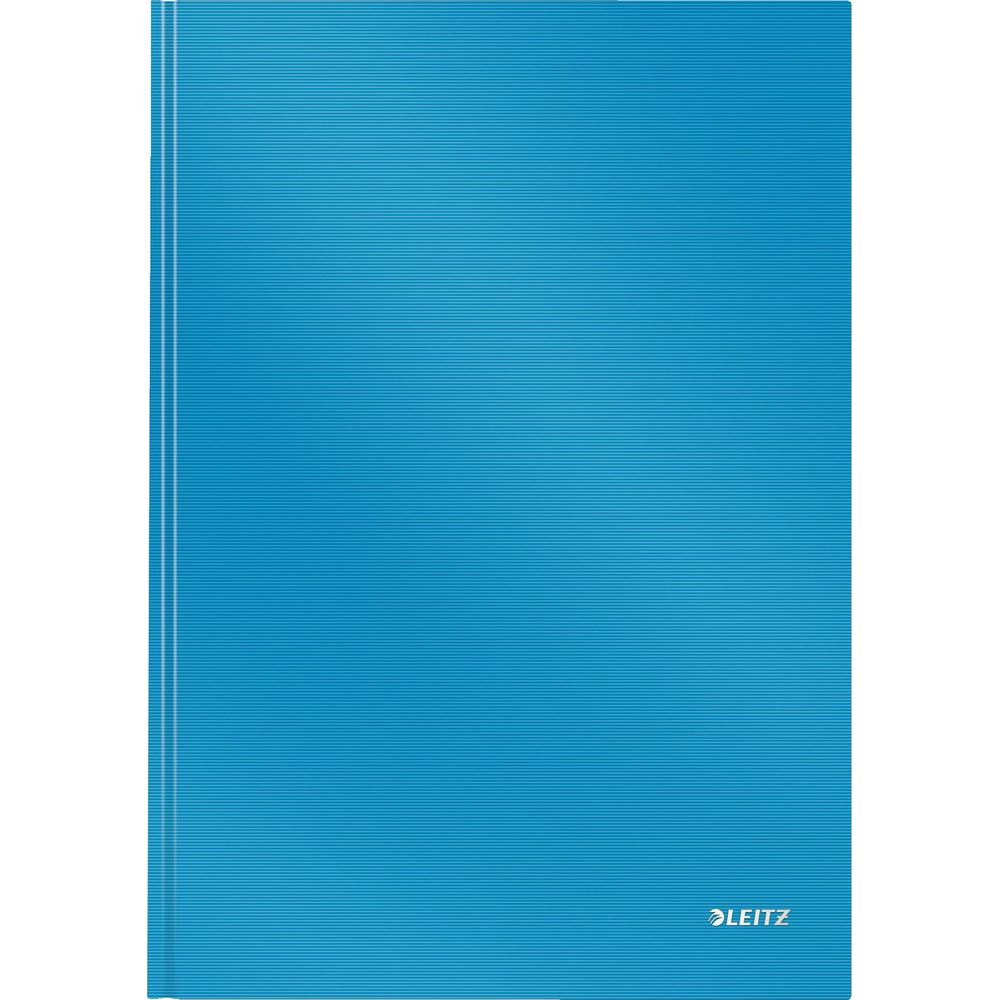 Eine blaue Ordnermappe mit feinen horizontalen Linien und dem Leitz-Logo unten rechts.