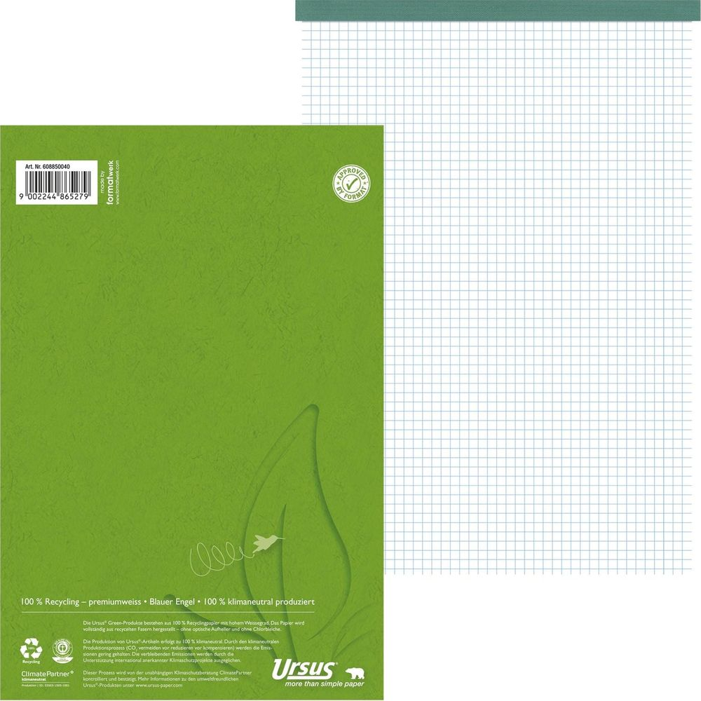 Grüne Papierpackung mit weißem Gittermuster-Papier. Artikelnummer und Logo.