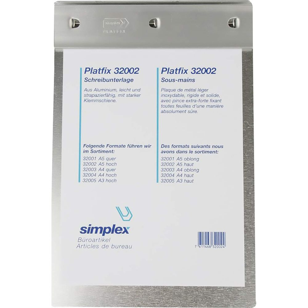 Aluminium Platfix 32002 Schreibunterlage mit Klemmleiste, Simplex Logo.