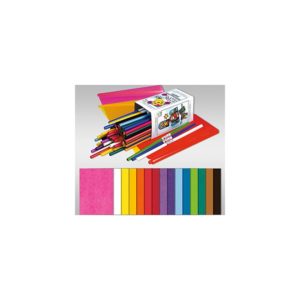 Una scatola di matite colorate sparse su carta colorata.